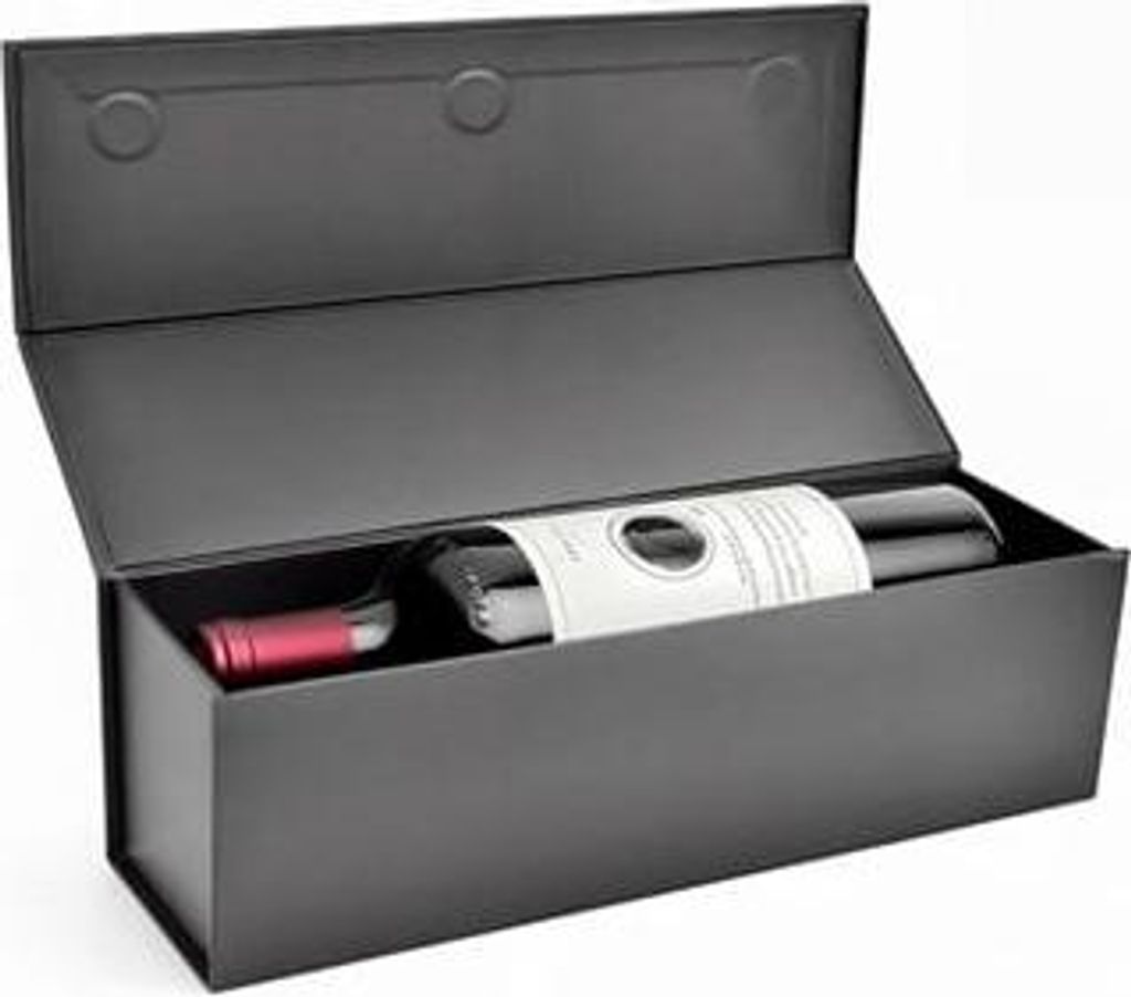 A black gift box with a bottle of wine inside, with the lid open.