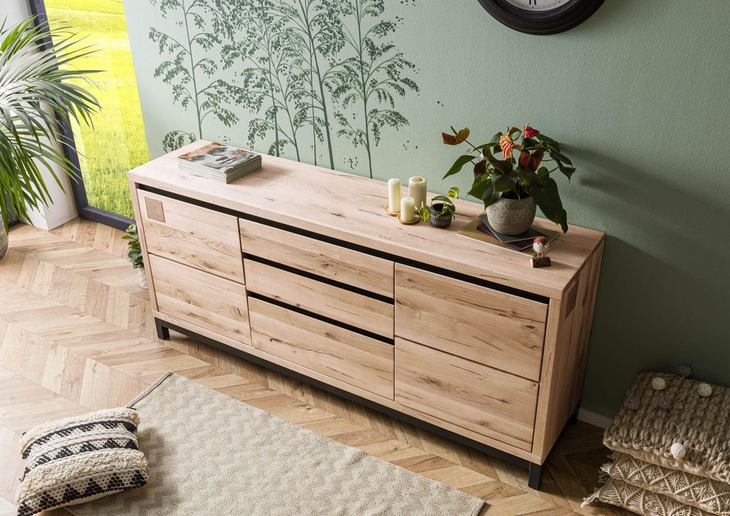 MASSIVMOEBEL24 Sideboard Wildeiche 190x45x85 bianco geölt VILLANDERS #251