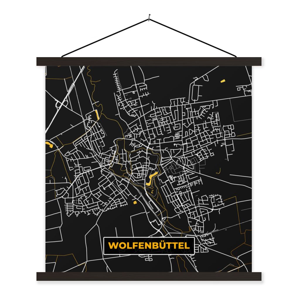 MuchoWow Textilposter Gold - Deutschland - Karte - Stadtplan - Wolfenbüttel 60x60 cm mit schwarzem Rahmen - Posteraufhänger