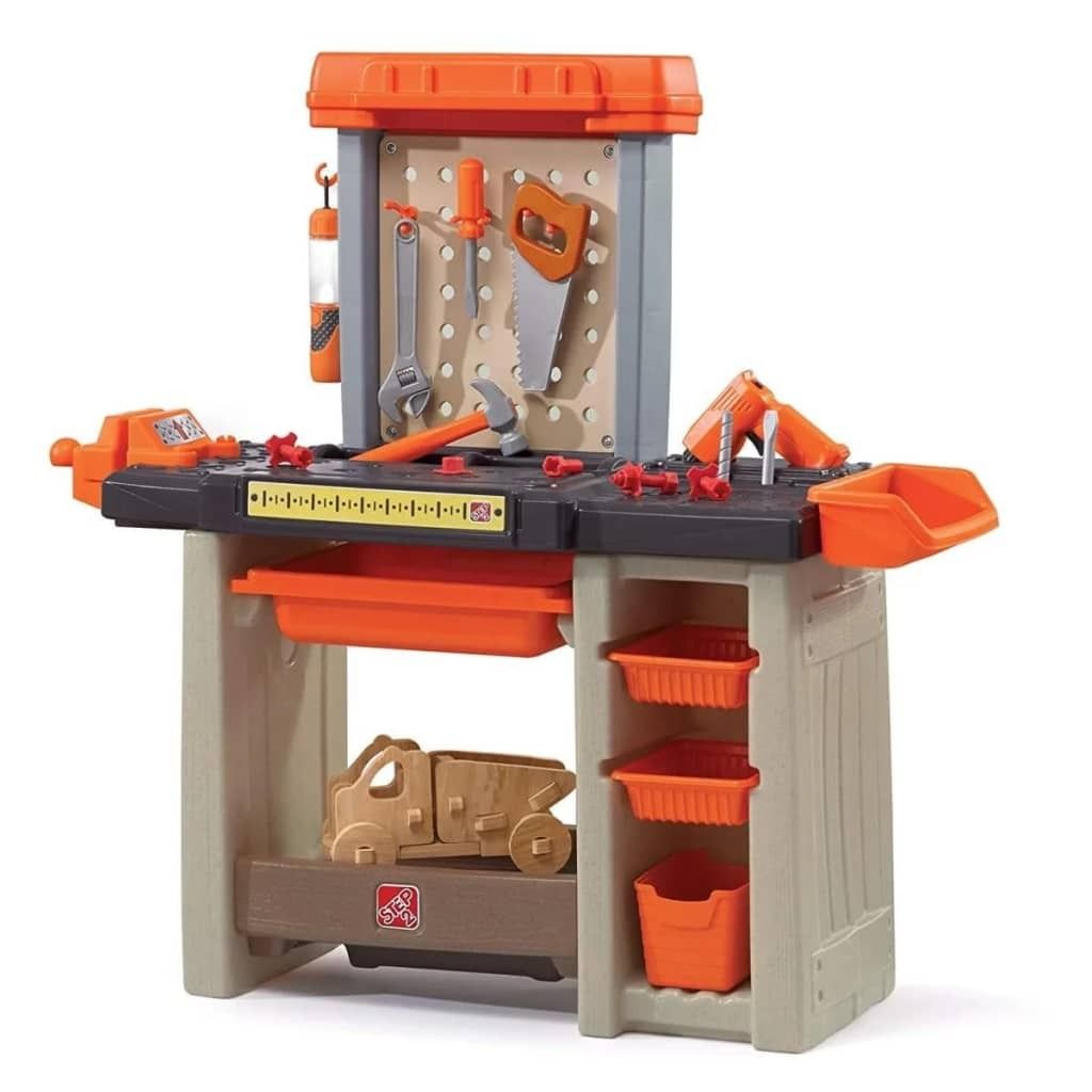 Step2 Handyman Workbench Werkbank für Kinder | Werkzeugbank in Orange mit 30-teiligem Zubehör Set & Behältern