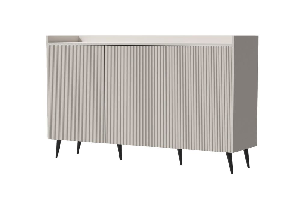 A modern beige and gray sideboard with black legs, presented against a white background.