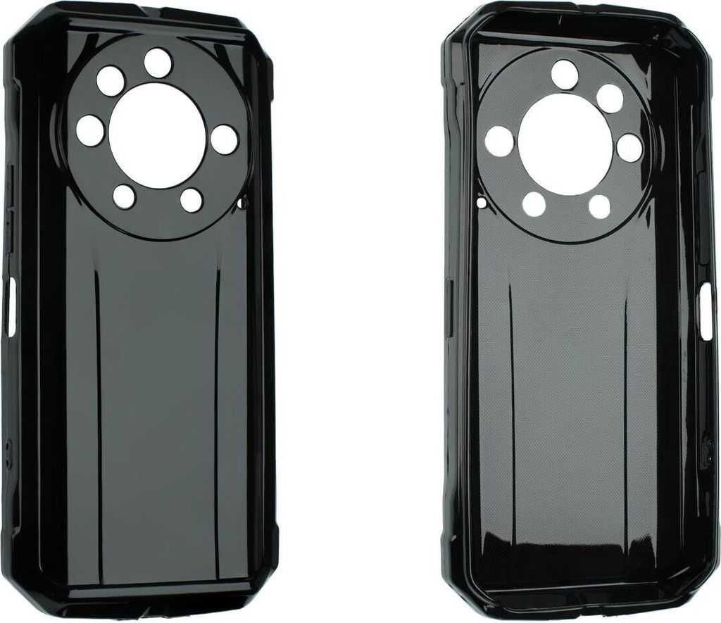 Two black phone cases are shown side-by-side against a white background.