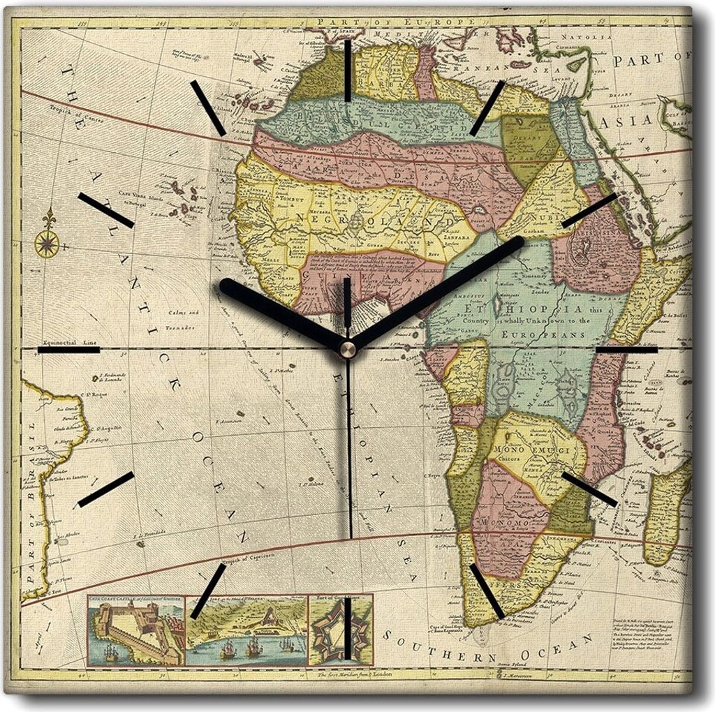 Coloray Uhr auf Leinwand 30x30 cm Wand Uhr Dekoration Wohnzimmer Segeltuch schwarze Hände -Karte von Afrika Vintage