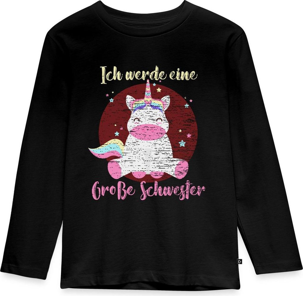Spreadshirt Ich Werde Eine Große Schwester Einhorn Glücklich Kinder Premium Langarmshirt, 134/140 (8 Jahre), Schwarz