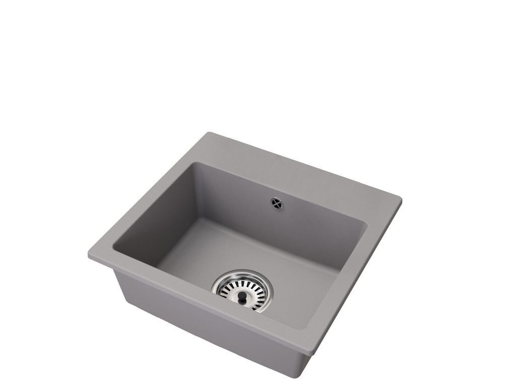 A single gray sink with a drain and faucet hole, isolated on a white background.