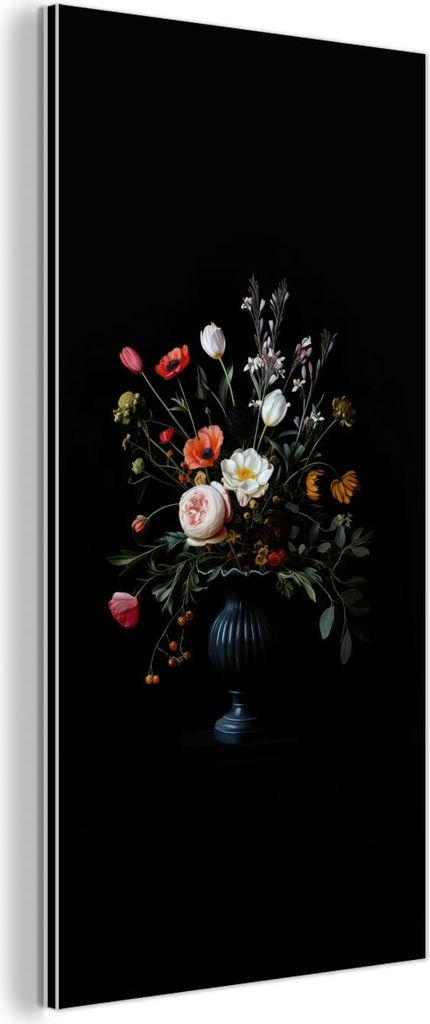 MuchoWow Wanddekoration Metall Metallbild Wandkunst 20x40 cm Blumenarrangement - Vase - Schwarz MuchoWow Aluminium Gemälde - Aluminium Gemäldes