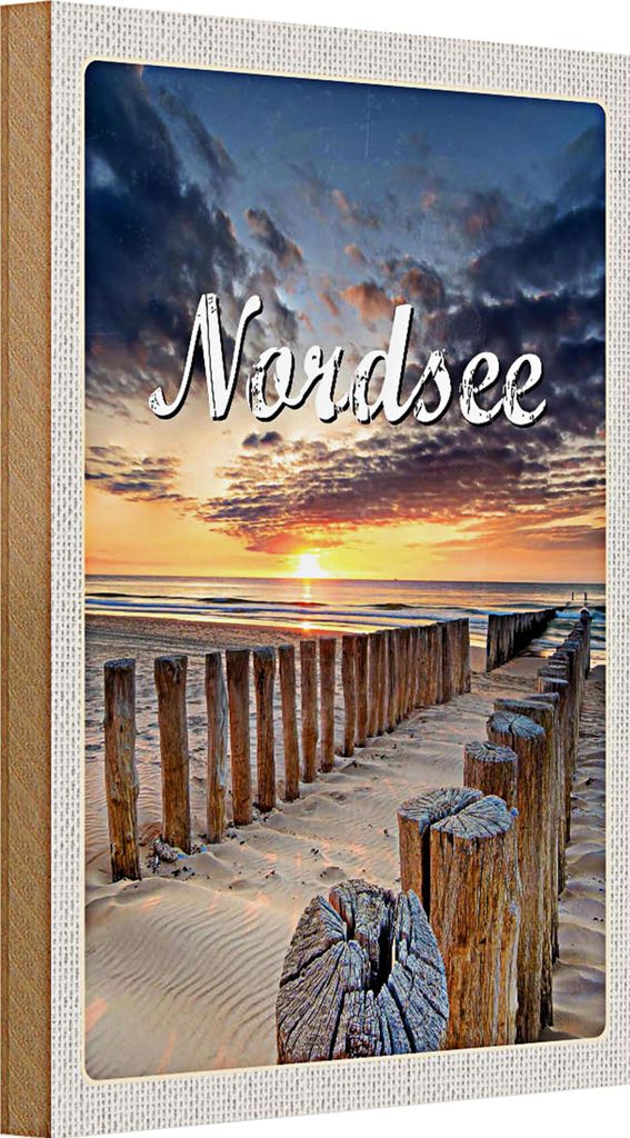 Holzschild Reise 20x30cm Nordsee Strand Sonnenuntergang Abend