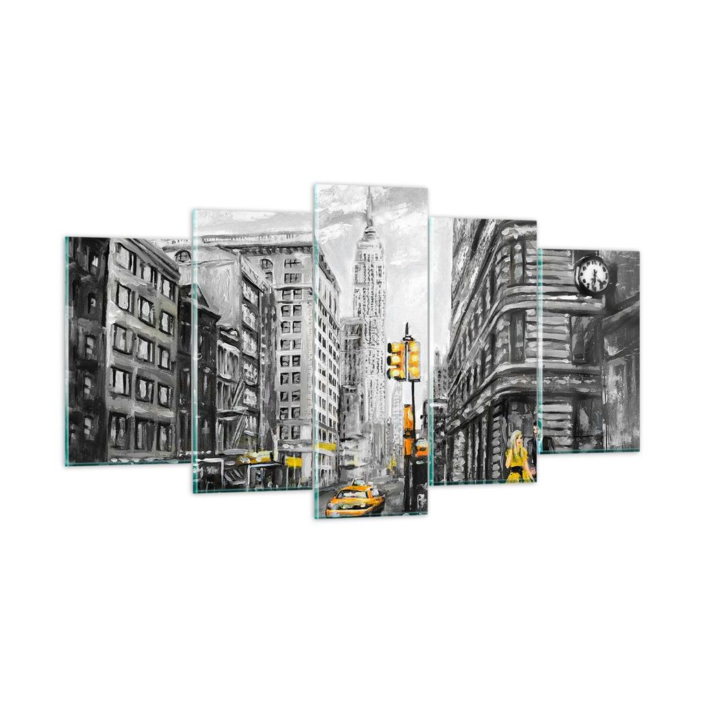 Bilder auf glas - Stadt Taxi Wolkenkratzer Illustration - 160x85cm - Glasbilder - Wandbilder - Kunstdruck - Wanddekoration aus Glas - Glas Bilder -...