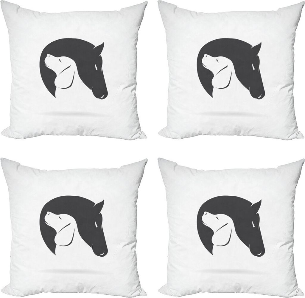 ABAKUHAUS Tier Kissenbezug Set (4 Stück), Hund Pferd Freund, Moderner Doppelseitiger Digitaldruck, 60 cm x 60 cm, Schwarz-Weiss