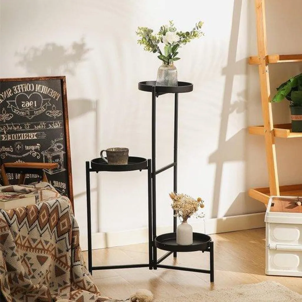 Étagère à fleurs moderne en métal noir avec 3 tablettes pour balcon et salon