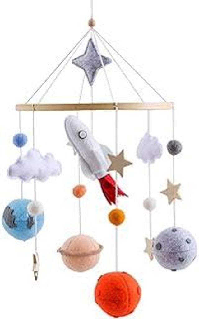 Raketen Mobile Baby mit Planeten Filzbällen, Wolke Filz Mobile Babybett Windspiele, Hängende Mobile Windspiel Spielzeug für Babybett, Neugeboren...