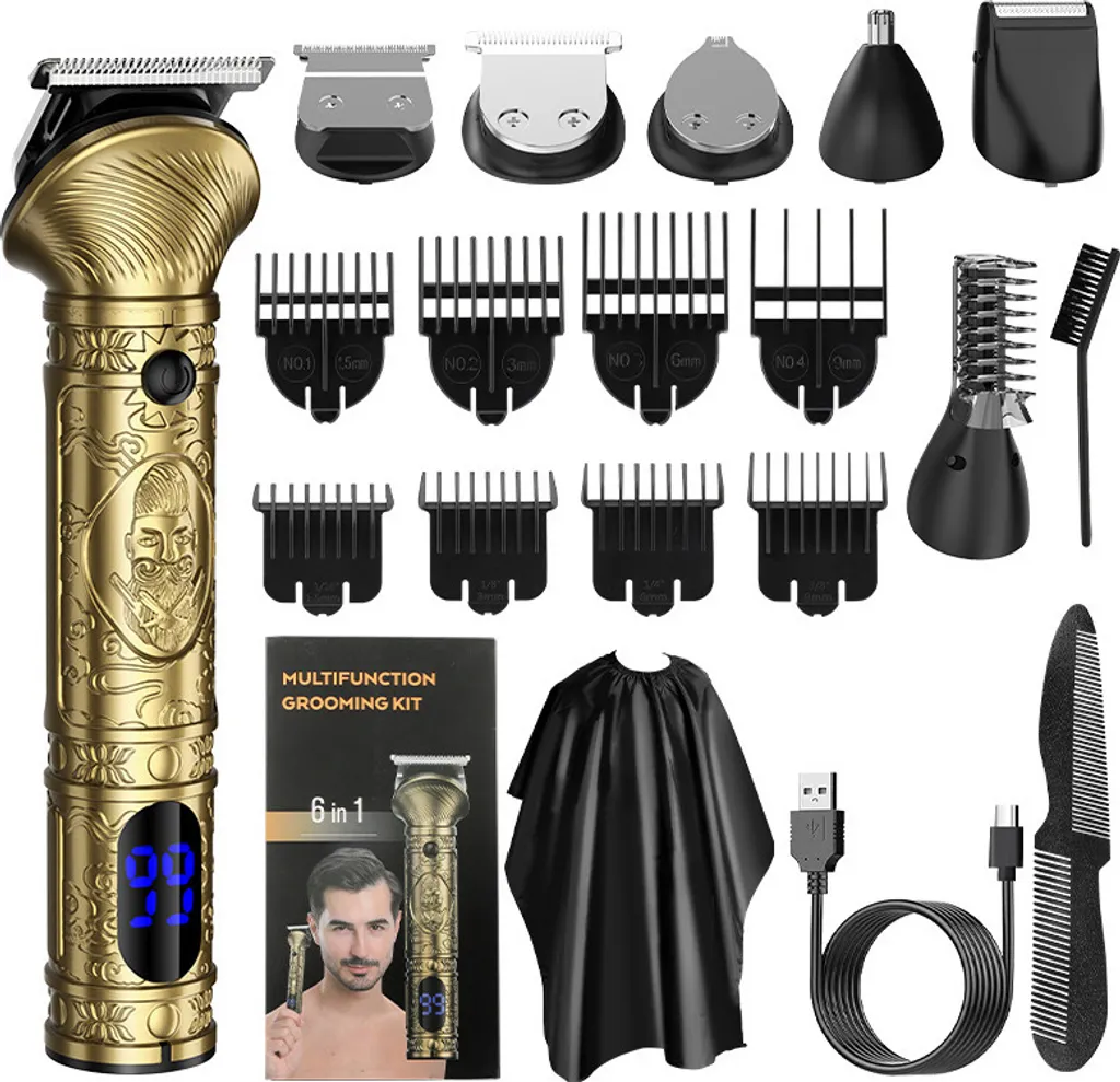Kit de toilettage multifonctionnel 6 en 1 pour barbe et cheveux doré