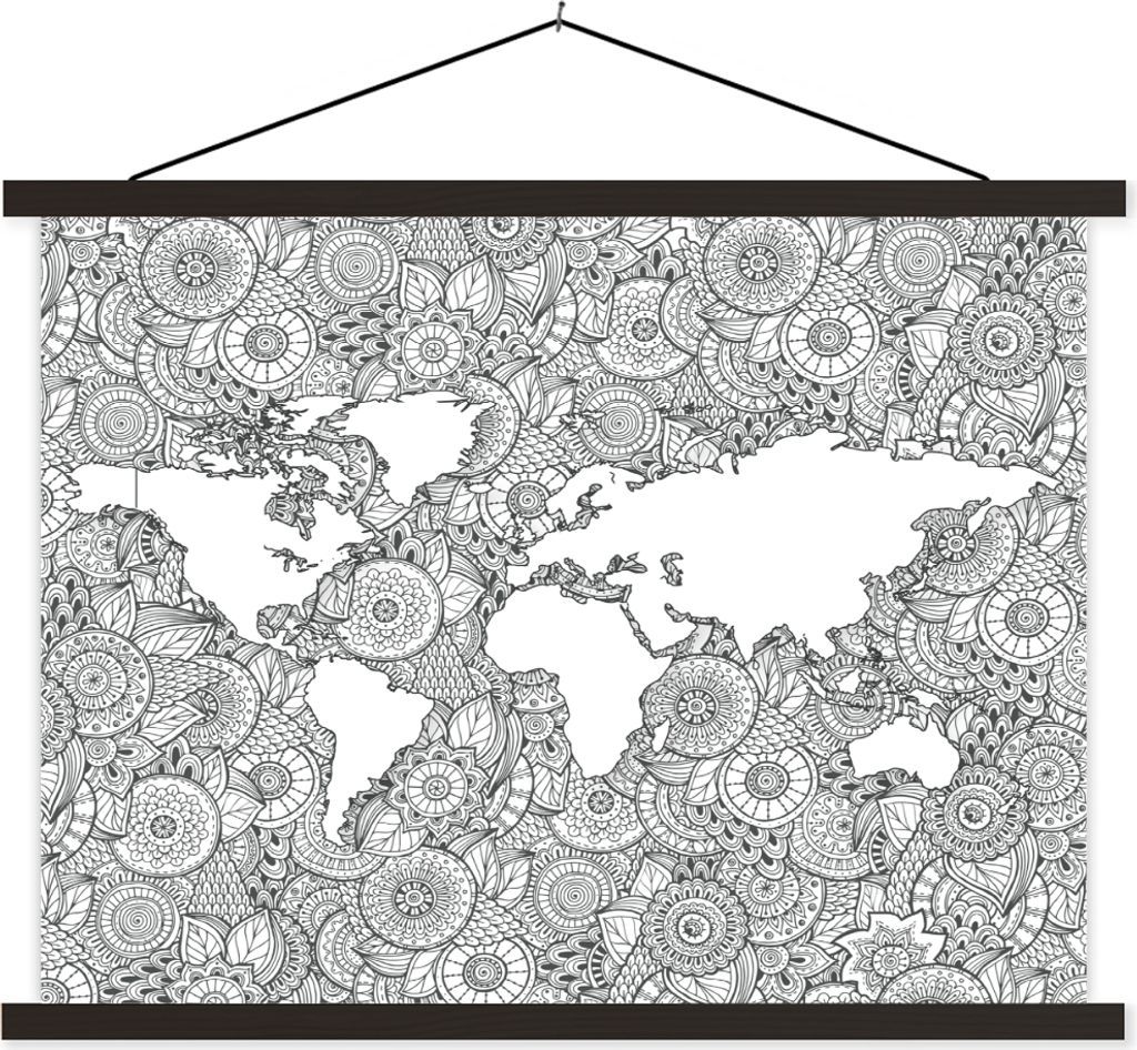 MuchoWow Textilposter Weltkarte - Muster - Schwarz und weiß 40x30 cm mit schwarzem Rahmen - Dekorationen