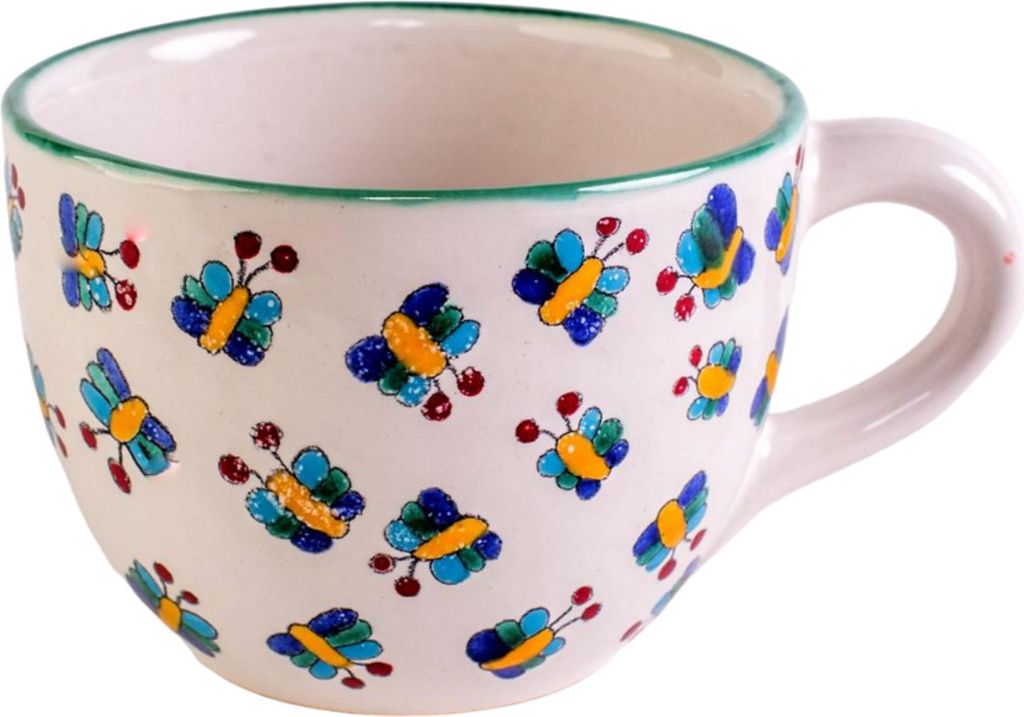 Weiße Steinzeug Suppentasse mit handgemalten Schmetterlingen, ca. 8,5 cm hoch, 11,5 cm Ø