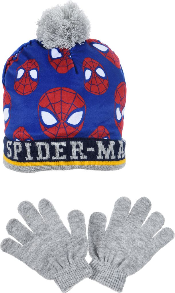 Spider-Man Kinder Jungen Winter-Set Mütze und Handschuhe , Farbe:Grau, Größe:52