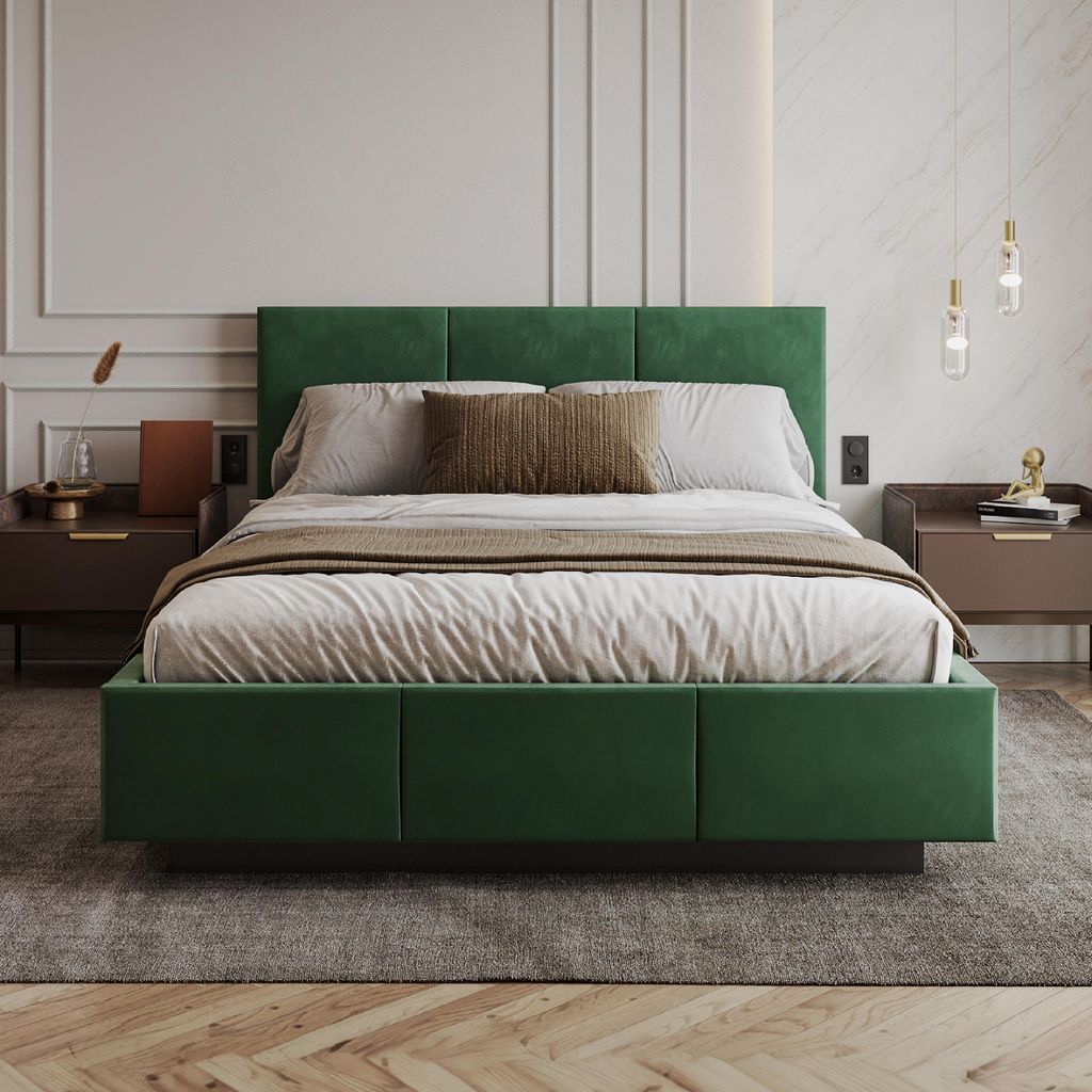 FDM Bett ALMADA Trinity 160x200 cm Polsterbett mit Lattenrost aus Metall Bettkasten Stauraumbett Samt dunkelgrün