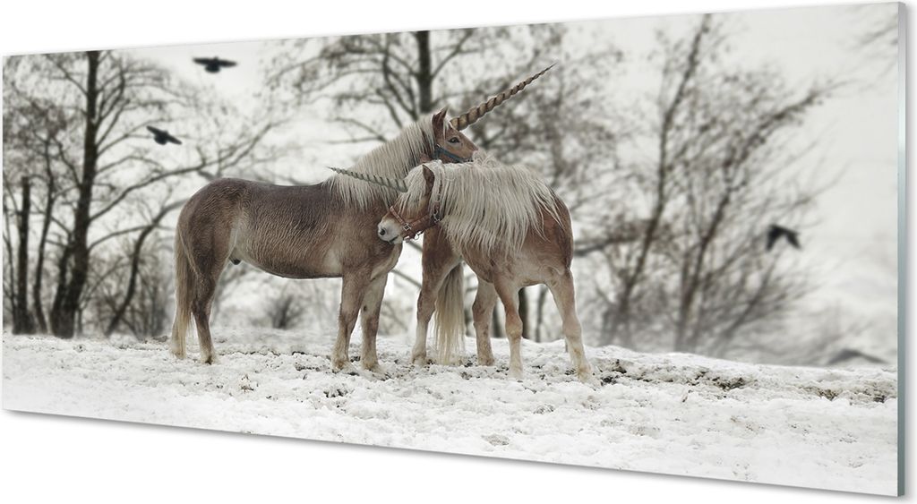 Glasbilder 125x50 Wandkunst Winterwald Einhörner