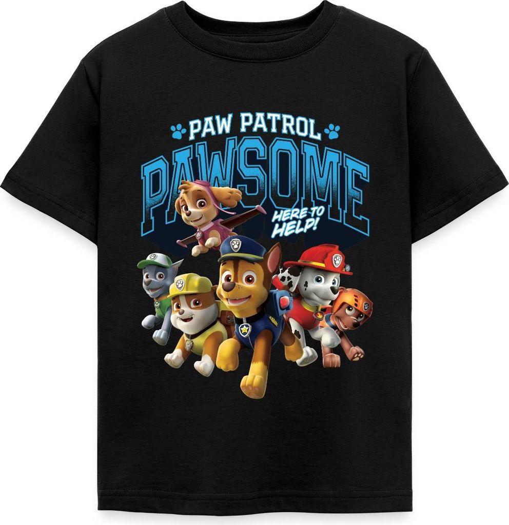 Spreadshirt Paw Patrol Pawsome Here To Help Spruch Blau Kinder T-Shirt, 98/104 (3-4 Jahre), Schwarz