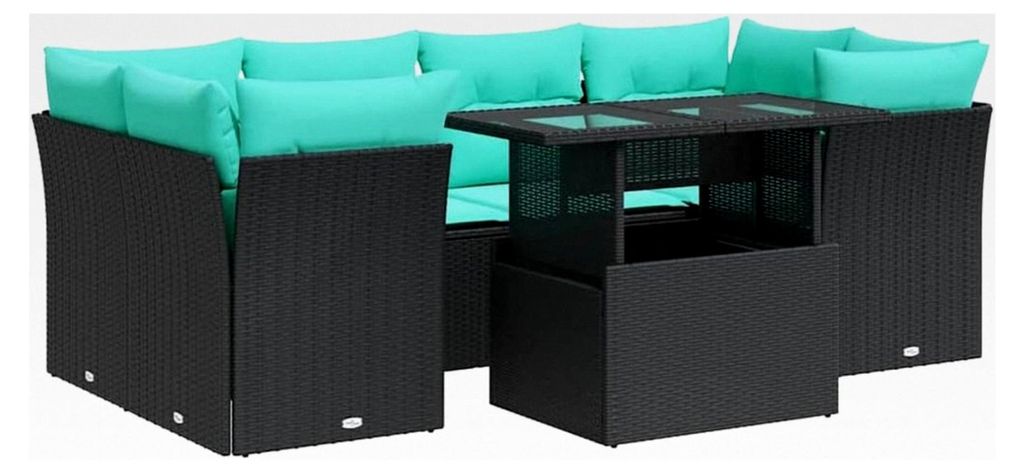 7-teiliges Garten-Sofagarnitur-Set mit Kissen in Schwarz aus Poly Rattan, für den Außenbereich