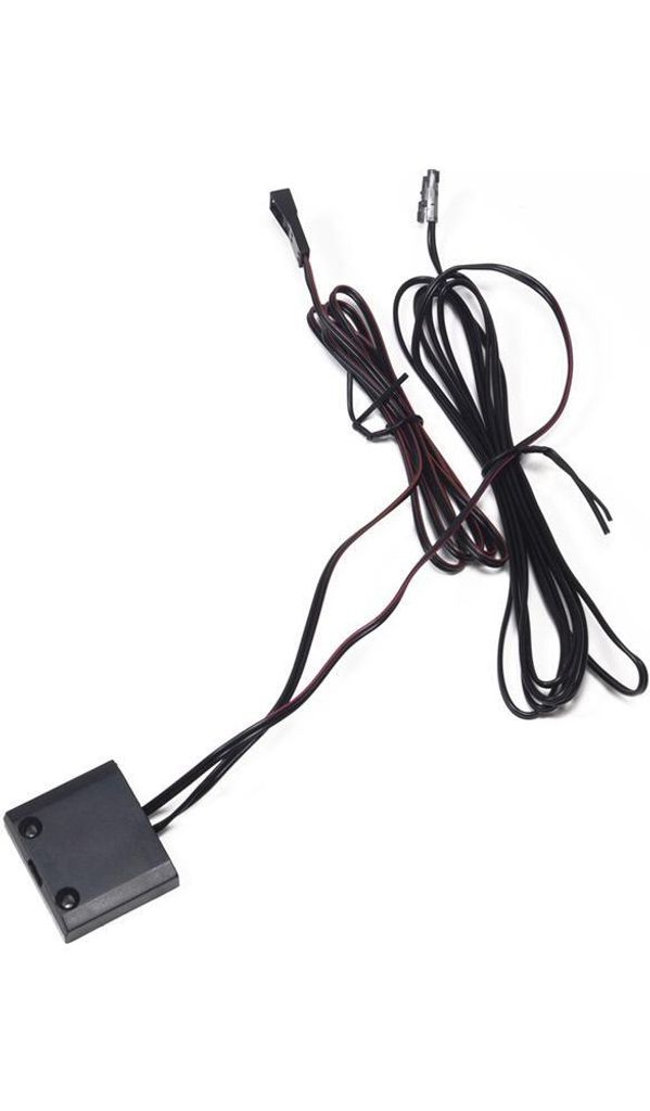 A black electronic component with wires and connectors is shown against a white background.