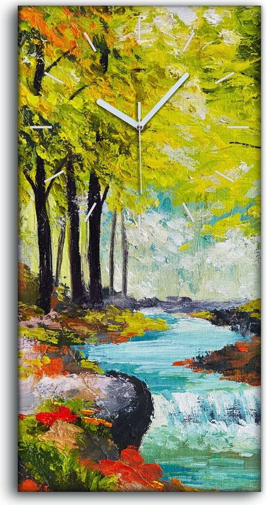 Wanduhr Bürouhr Leinwand Bild Quarz 30x60 Malerei Landschaft Fluss im Herbstwald - weiße Hände