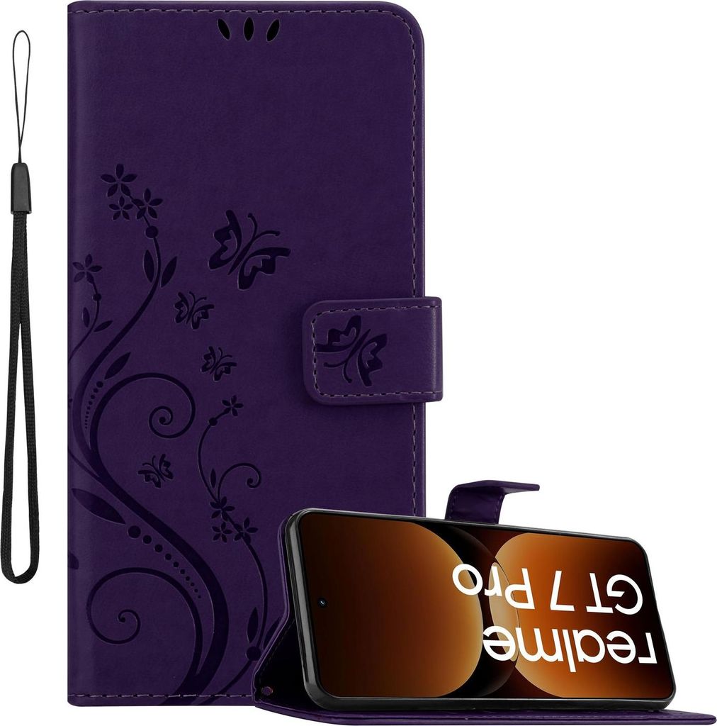 Cadorabo Hülle für Realme GT7 Pro Hülle in FLORAL DUNKEL LILA Schutzhülle im Blumen Design mit Magnetverschluss, Standfunktion und Kartenfäche...