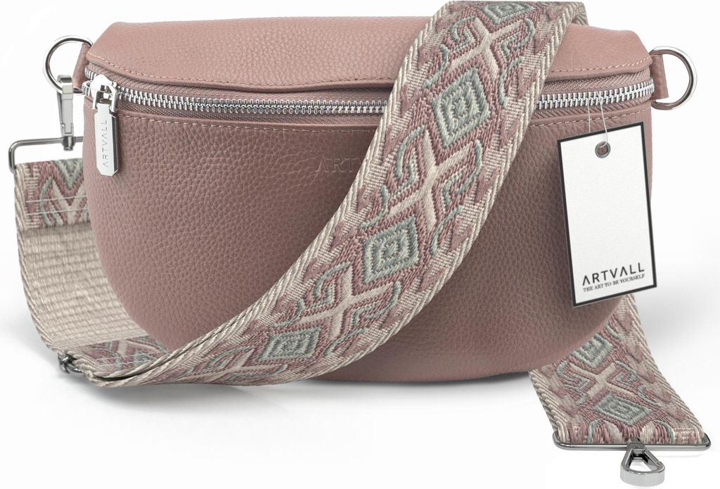 ARTVALL - Umhängetasche aus Leder, Klein mit verstellbarem Schultergurt, abnehmbares Taschenband, Crossbody Bag in Rosa