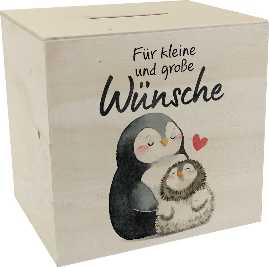 Pinguin Mutter und Kind Spardose aus Holz mit Spruch Für Produktbild 