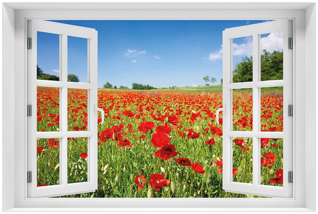 Wallario Premium Glasbild mit Fensterrahmen, freischwebende Optik, kräftige Farben, Größe 60 x 90 cm Motiv Mohnblumenfeld- rote Blumen unter bla...