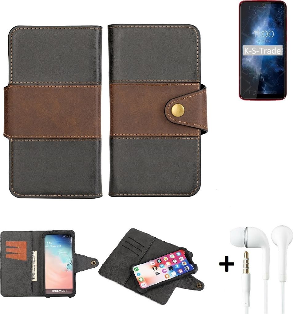K-S-Trade Handyhülle Schutzhülle Bookstyle Wallet-Case kompatibel mit BQ Mobile BQ-6061L Slim + earphones Bumper rundumschutz schwarz-braun 1x