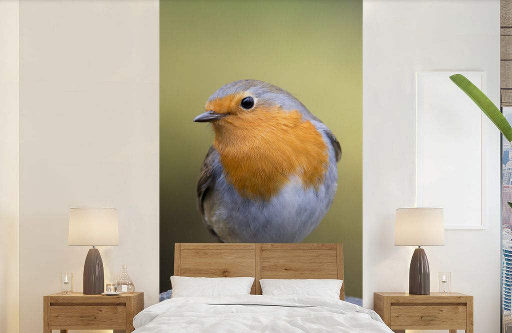 MuchoWow Fototapete für Wohnzimmer oder Schlafzimmer Wandtapete Vinyl Motivtapete Pfahl - Rotkehlchen - Natur - 120x240 cm - Hintergrundbild
