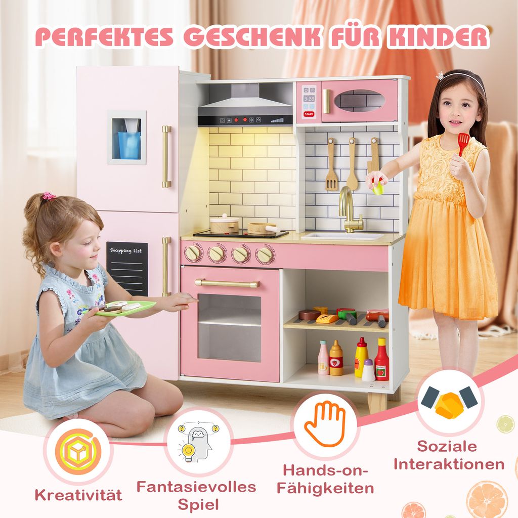 Cuisine Enfants 3Ans+ XXL COSTWAY Interactive -12 Accessoires,Machine à Café, Lave-linge, Bacs en Tissu Gris Clair
