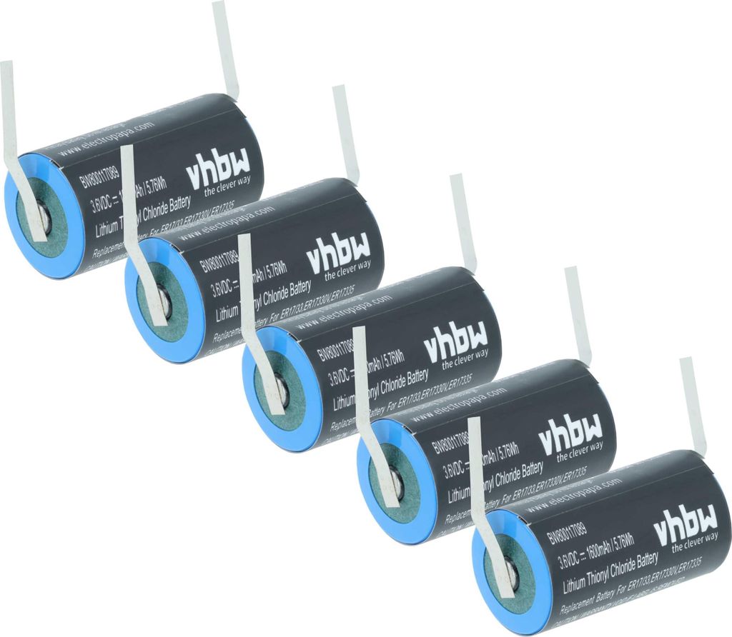 vhbw 5x Akku kompatibel mit Omron C120, C1000HF, C500, C120F, 3G2A9-BAT08, C28PF, C28P, C1000H, C40PF, C40P, C2000H (1600mAh, 3,6V, Li-MnO2)