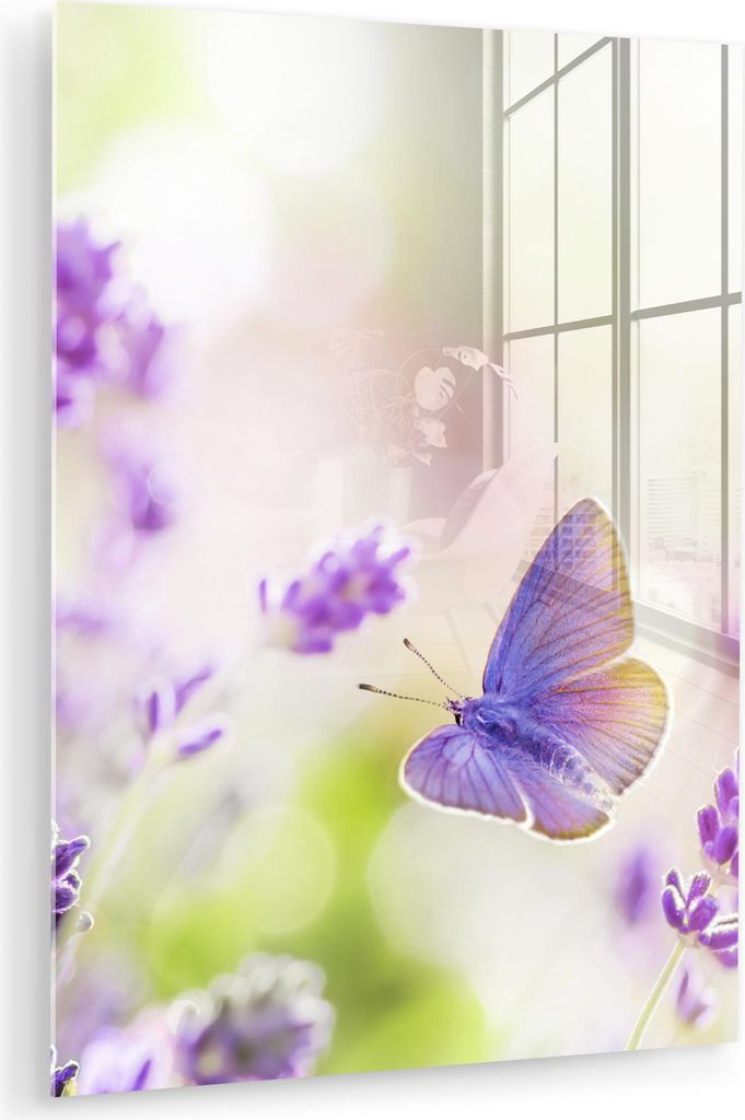 MuchoWow Glasbilder - Bilder auf Wandbild - Foto auf Glas Lavendel - Schmetterling - Blumen 30x40 cm Wanddekoration aus Glas - Acrylglasbild - Acry...
