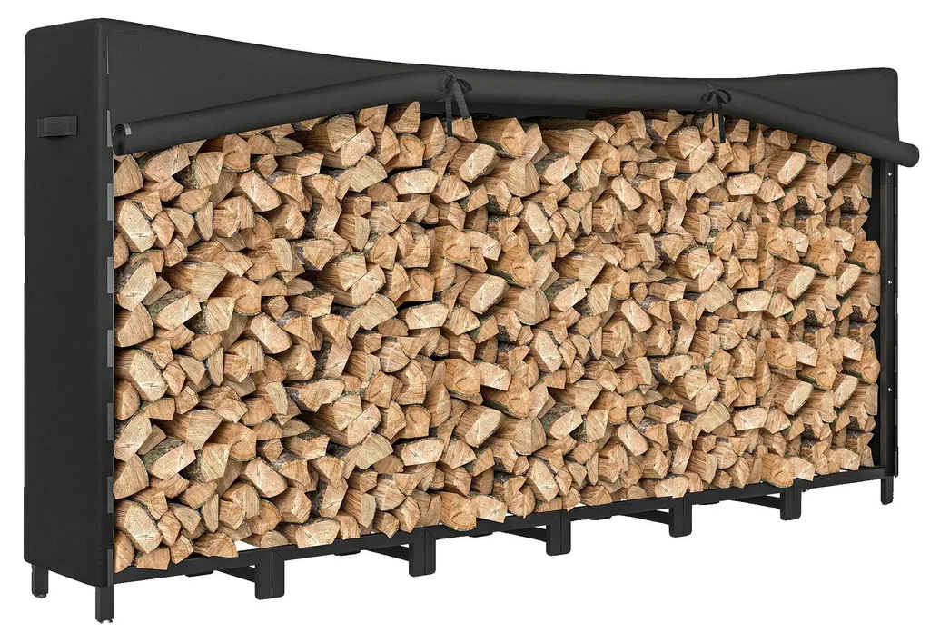 Rack à bois avec housse chocolat et chaînes en acier robustes 115cm