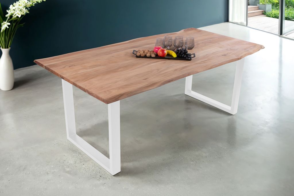 Esstisch Baumkante Akazie massiv eichenfarben 240 x 100 cm U-Gestell weiß DEREK