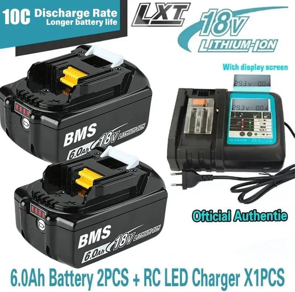 Akkupack für Elektrowerkzeuge - Li‐Ion 18 V, kompatibel BL1860/BL1850/BL1830 - Set: 2×6 Ah + Ladegerät - LED‐Anzeige - Mehrfachschutz - Cham...