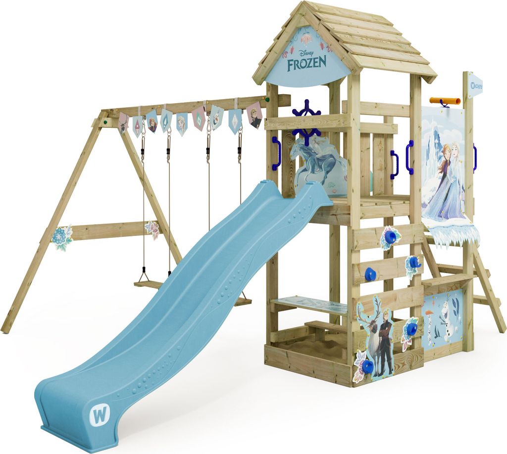 WICKEY Spielturm Disney Die Eiskönigin Adventure mit Schaukel & Rutsche, Kletterturm mit Holzdach, Sandkasten, Leiter & Spiel-Zubehör