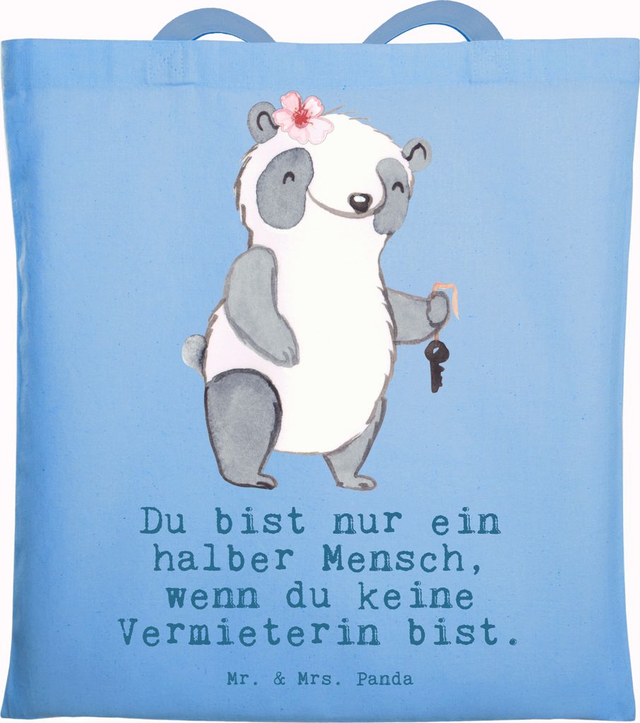 Mr. & Mrs. Panda Schultasche Vermieterin Herz - Sky Blue - Geschenk, Jutetasche, Tote Bag, Tragetasche, Shopping Tasche, Laptoptasche