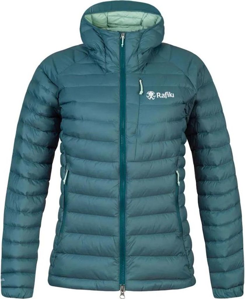 A studio shot of a teal puffer jacket.