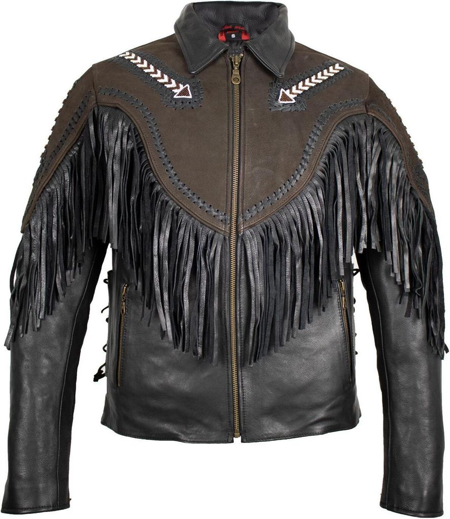 Motorrad Indianer Fransen Lederjacke Chopper Fransenjacke Braun / Schwarz (S)