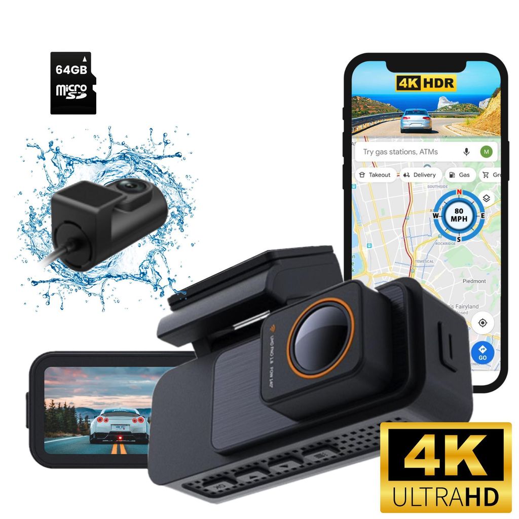 A collage of a dashcam, a smartphone displaying navigation, and a memory card, with water splash effects.