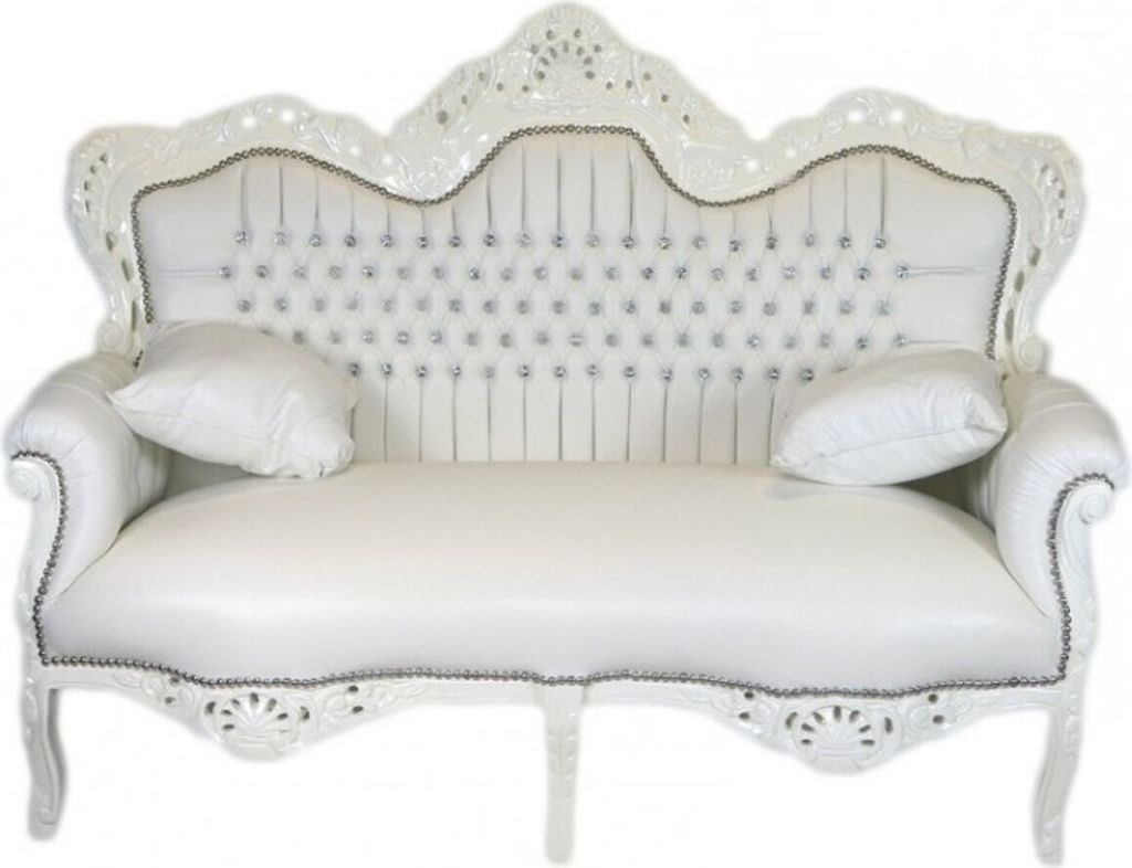 Casa Padrino Barock 2er Sofa Master Weiß Lederoptik / Weiß mit Bling Bling Glitzersteinen - Wohnzimmer Couch Möbel Lounge