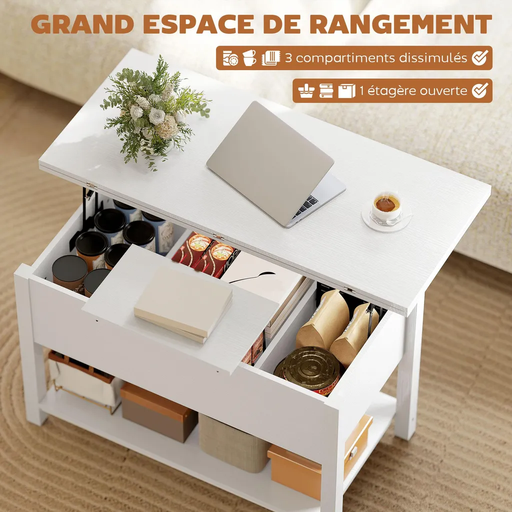 HOMCOM Table basse relevable et extensible en blanc, 100x45x50,5 cm - 7