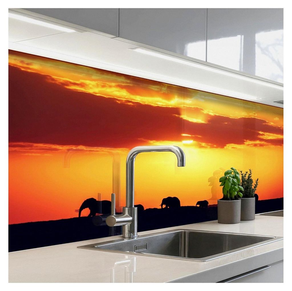 Spritzschutz Küchenrückwand 80x150 cm Abwaschbar Selbstklebend Wandschutz Elefanten - Sonnenuntergang - Tiere - Horizont