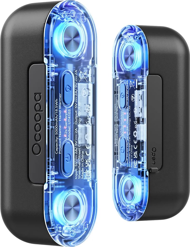 Two black Ocoopa hand warmers with transparent blue illuminated interiors are shown side-by-side against a black background.