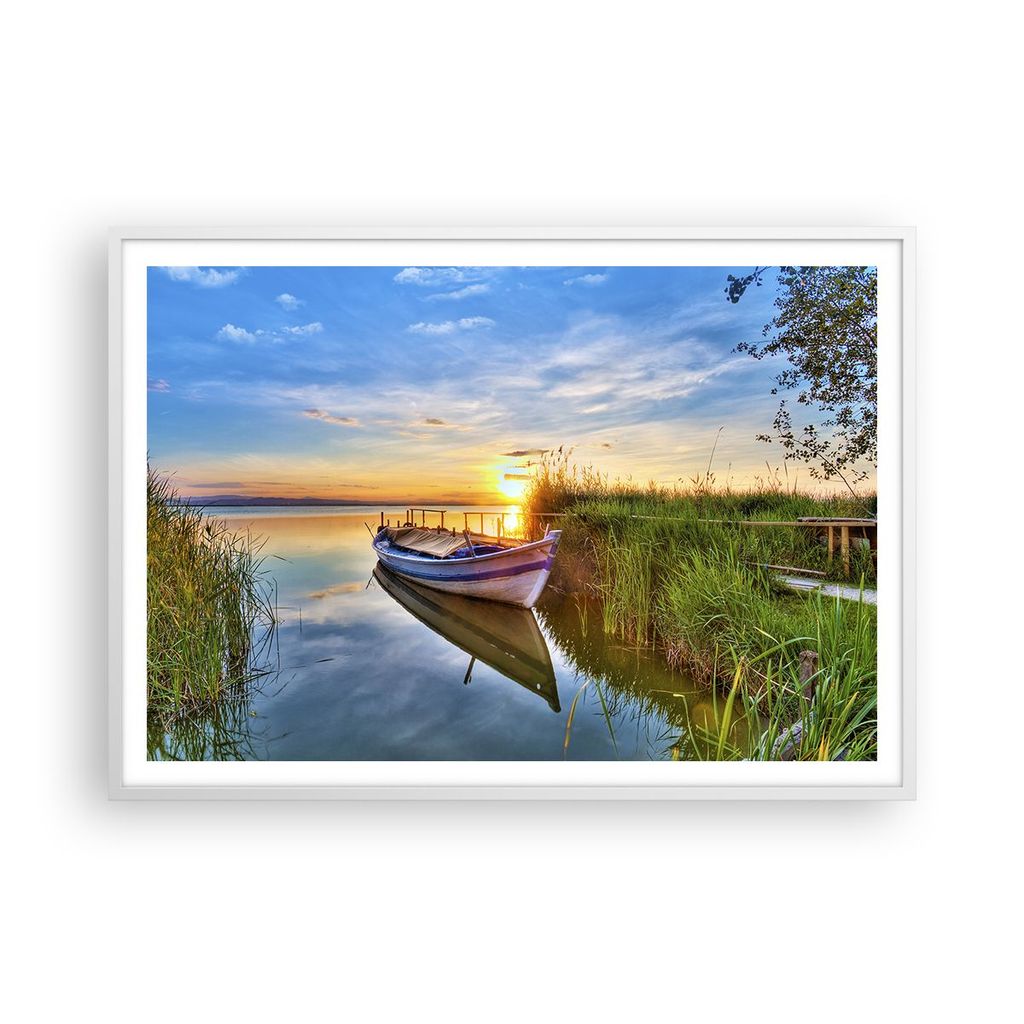 Gerahmtes Poster - Weißer Rahmen - See Boot Wasser - 100x70 cm - Wand Bild - Wanddeko - Wandbilder - Kunstposter - Wandposter - Bilderrahmen - Bil...