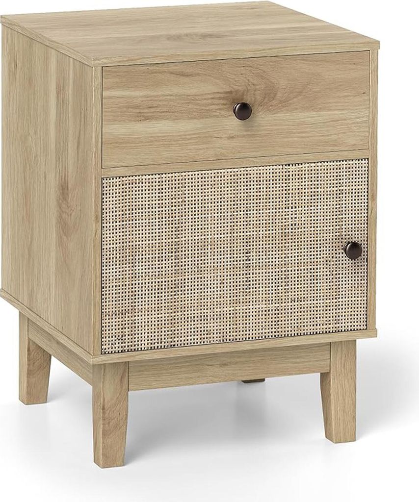 Nachttisch aus Holz, Beistelltisch mit Schublade & Stauraum-Schrank, stabile Aufbewahrungsschrank mit Kiefernholzbeine, Rattantüren, Natur