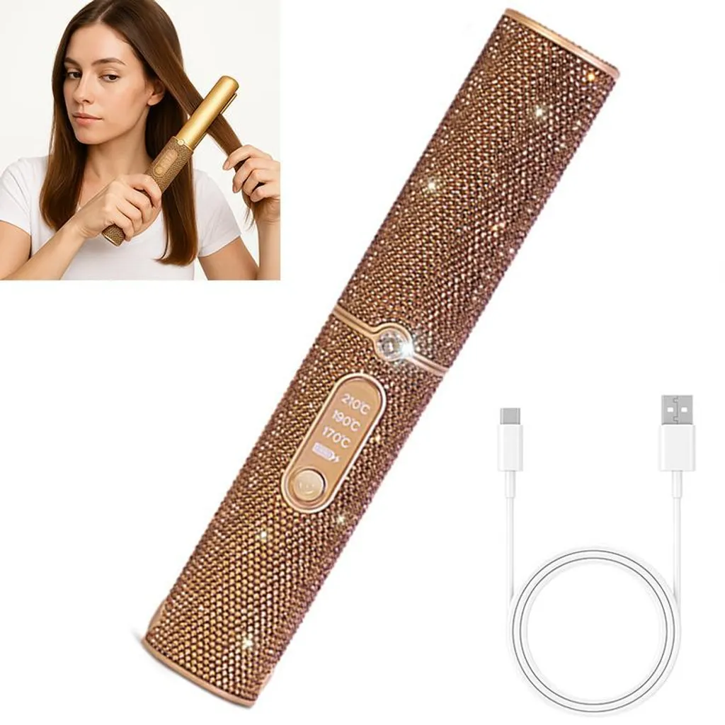 ZELURXX Spazzola lisciante a batteria con 3 impostazioni di temperatura, ricaricabile via USB-C, design portatile per capelli lisci o ricci, oro