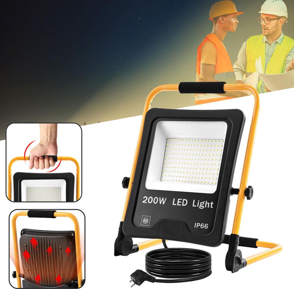 XINZI 200W LED-Strahler Warmweiß mit Ständer und Tragegriff - LED-Bauleuchte, Flutlicht-Spotlight, für Garage, Garten, Innenbereiche